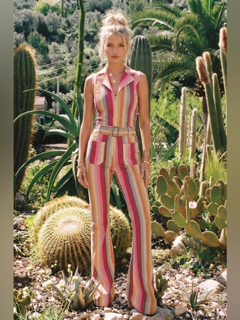 🌈 Retro 70s Vibes Striped Flare Jumpsuit – Sunset Multi-Color Boho Chic! - Picture 7 of 9